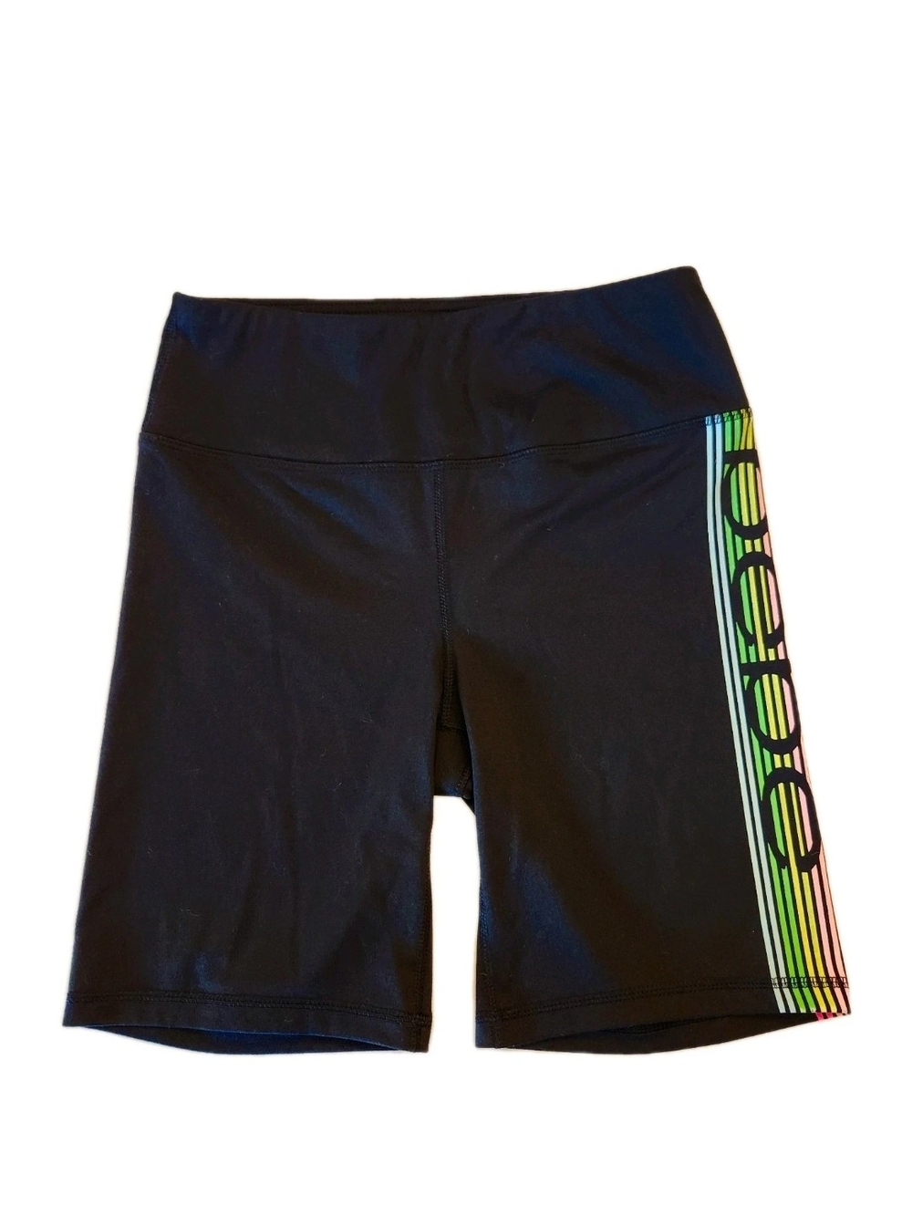 Bebe Sport Black Biker Shorts Neon Logo Stripes Size M High Rise Stretchy EUC